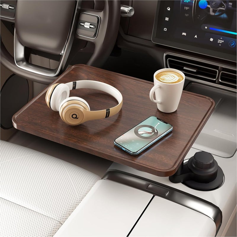 AXVLU Car Desk for Laptop, Cup Holder Table with 360° Rotation - Wooden Car Laptop Mount, Car Table & Car Food Tray Compatible with Tesla Model Y/3/S & Most Vehicles - Image 1